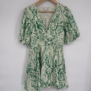 Christian Lacroix Dress Women's 6 Linen Deep V Neck Green & Cream Old Money